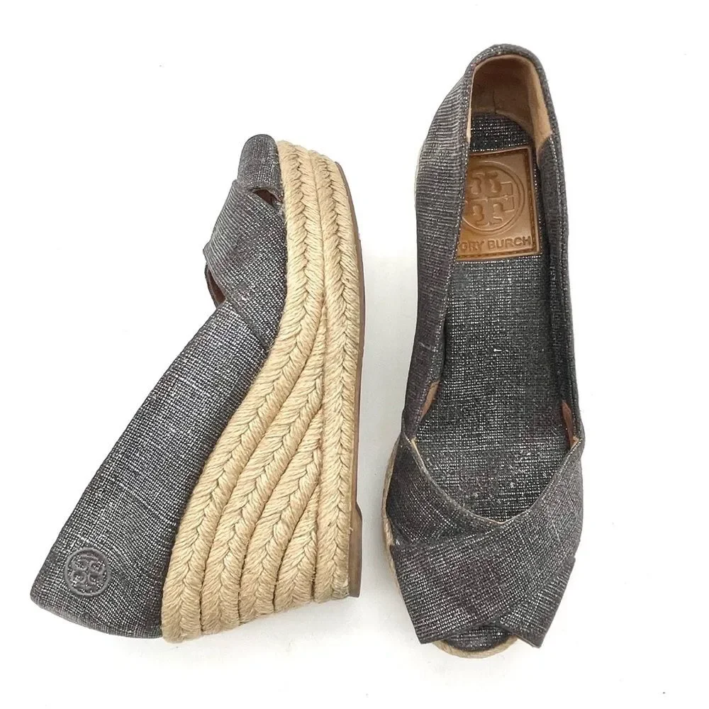 Tory Burch Filipa Espadrille Wedge Heel in Shimmer Pewter Linen Women’s Size 5.5